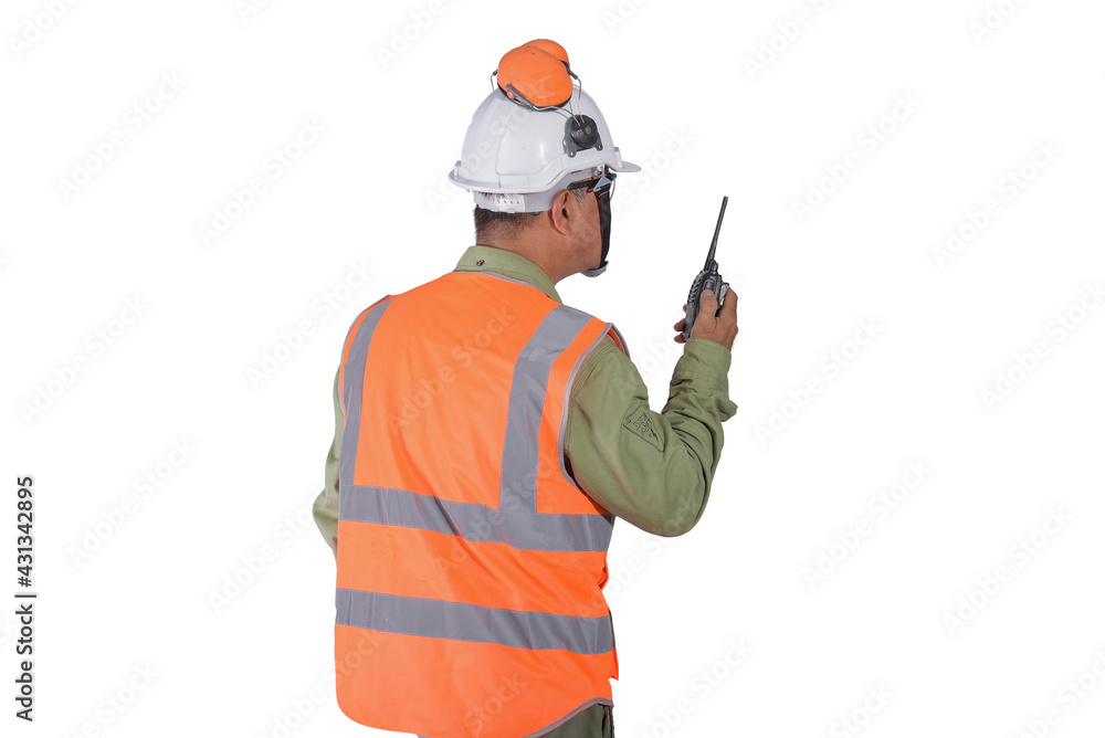 Worker wearing Reflective vest with Hand holding walkie-talkie isolated on white background Worker wearing Reflective vest with Hand holding walkie-talkie isolated on white background