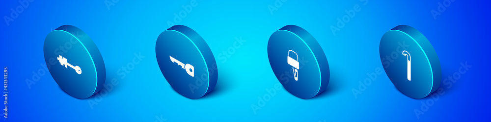 Set Isometric Old key, Lock picks for lock picking, Crowbar and Key icon. Vector Set Isometric Old key, Lock picks for lock picking, Crowbar and Key icon. Vector