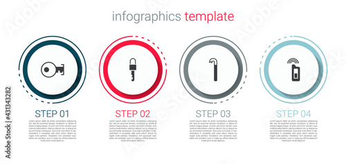 Set Key, Locked key, Crowbar and Car with remote. Business infographic template. Vector