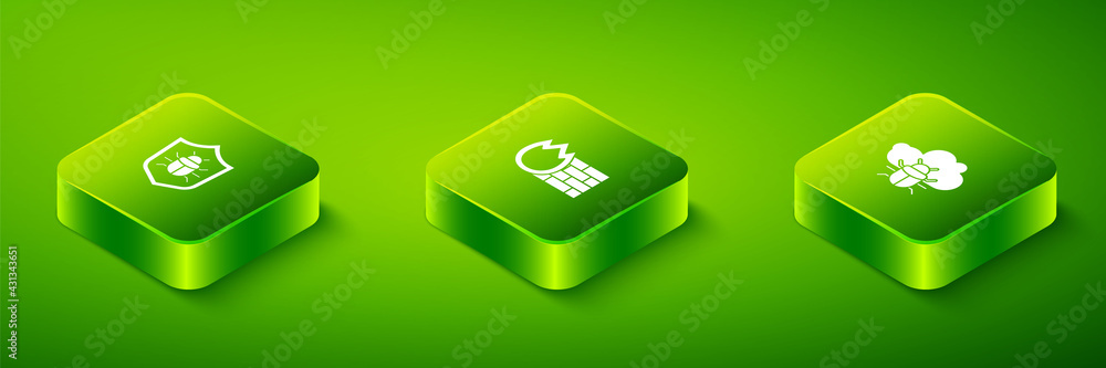 Set Isometric Firewall, security wall, System bug on cloud and icon. Vector Set Isometric Firewall, security wall, System bug on cloud and icon. Vector
