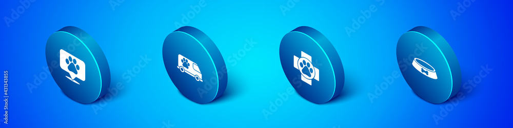 Set Isometric Location veterinary, Veterinary clinic, Pet food bowl and ambulance icon. Vector Set Isometric Location veterinary, Veterinary clinic, Pet food bowl and ambulance icon. Vector