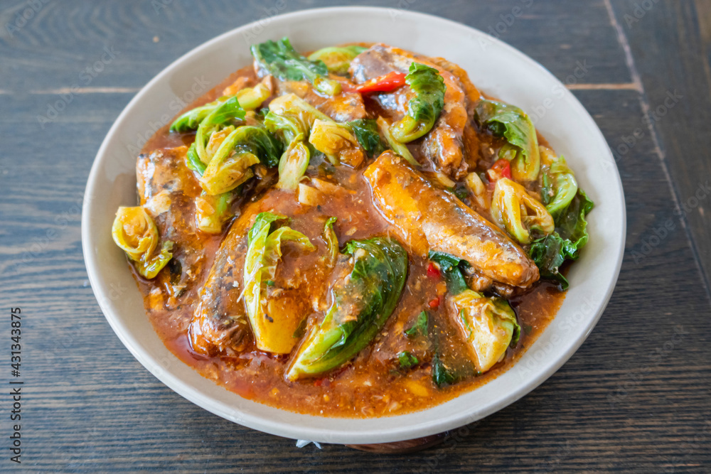 Fried canned fish mix with vegetables, a little spicy taste Fried canned fish mix with vegetables, a little spicy taste