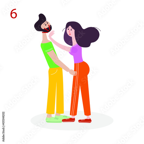 Self-defense. Self-defense technique for a woman. Protection from bullies. Vector educational illustration. The sixth image out of eight.