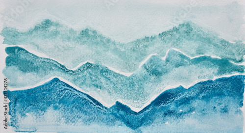 a photo image of abstract dark blue watercolor on paper, hand paint of blue watercolor like a mountain or wave for background, wet technique on paper with sediment of old long store of watercolor
