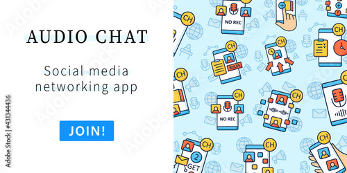 Drop in audio app web banner. Communication application with friends. Template for landing, web page, layout. Application rules, raped popularity. Voice communication website interface idea with icons