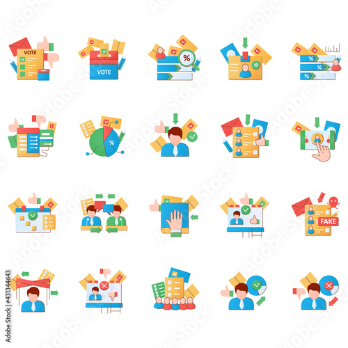 Election flat icons set.Election machine, vote counting, voting poll. Choice, vote concept. Democracy. Parliamentary or presidential elections. 3d vector illustrations