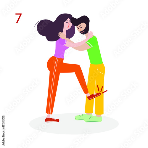 Self-defense. Self-defense technique for a woman. Protection from bullies. Vector educational illustration. Seventh image out of eight.