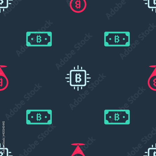 Set Bitcoin, CPU mining farm and Cryptocurrency bitcoin on seamless pattern. Vector