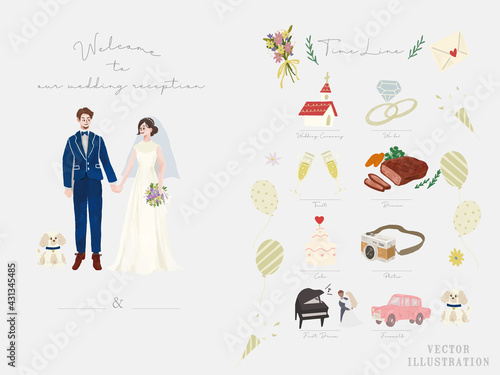 オシャレで可愛いウェディングのイラスト(指輪、教会、ディナー、カメラ、ダンス、ピアノ、ケーキ、ウェディングドレス、タキシード、手紙) jpg engagement ring, church, dinner, camera, dance, piano, cake, wedding dress, tuxedo, letter.