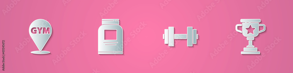 Set paper cut Location gym, Sports nutrition, Dumbbell and Award cup icon. Paper art style. Vector Set paper cut Location gym, Sports nutrition, Dumbbell and Award cup icon. Paper art style. Vector