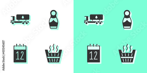 Set Sauna bucket, Tanker truck, Calendar 12 june and Russian doll matryoshka icon. Vector