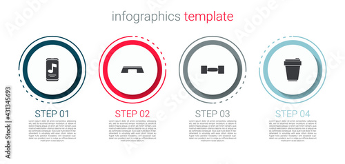Set Music player, Step platform, Dumbbell and Fitness shaker. Business infographic template. Vector