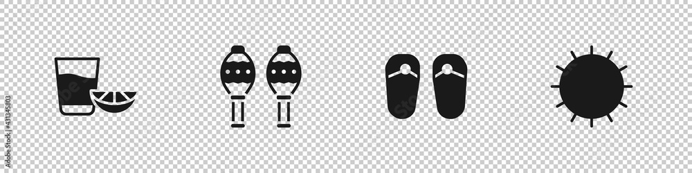 Set Tequila glass with lemon, Maracas, Flip flops and Sun icon. Vector Set Tequila glass with lemon, Maracas, Flip flops and Sun icon. Vector