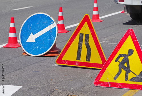 Road works sign for construction works in street © AVD