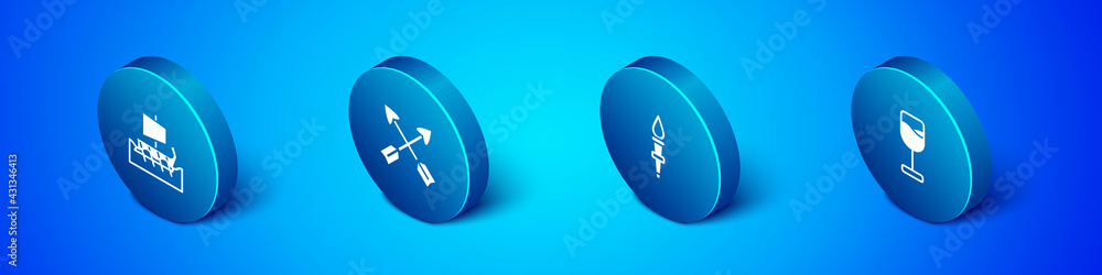 Set Isometric Greek trireme, Torch flame, Wine glass and Crossed arrows icon. Vector