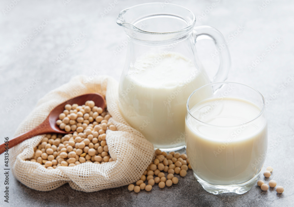 Soy milk and soy on the table Soy milk and soy on the table