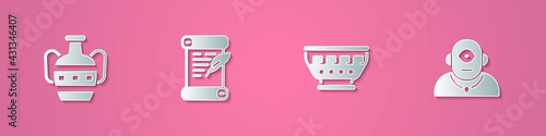 Set paper cut Ancient amphorae, Decree, parchment, scroll, Greek ancient bowl and Cyclops icon. Paper art style. Vector