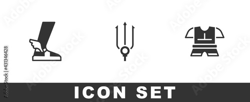 Set Hermes sandal, Neptune Trident and Body armor icon. Vector
