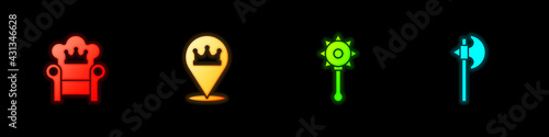 Set Medieval throne, Location king crown, chained mace ball and axe icon. Vector