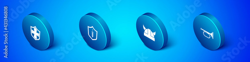 Set Isometric Shield, Viking in horned helmet, Trumpet and Medieval shield with sword icon. Vector