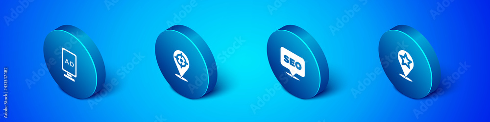 Set Isometric Advertising, SEO optimization, Map pointer with star and Target sport icon. Vector Set Isometric Advertising, SEO optimization, Map pointer with star and Target sport icon. Vector