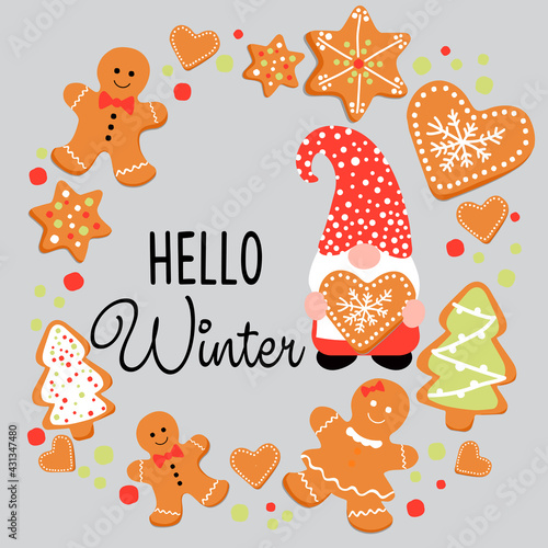 Winter decoration with gingerbread. Winter. Vector art illustration