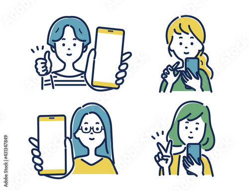 スマホを持った女性のポーズのイラスト素材