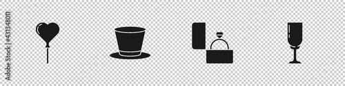 Set Balloons in form of heart, Cylinder hat, Diamond engagement ring and Glass champagne icon. Vector
