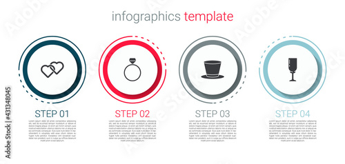 Set Two Linked Hearts, Diamond engagement ring, Cylinder hat and Glass of champagne. Business infographic template. Vector