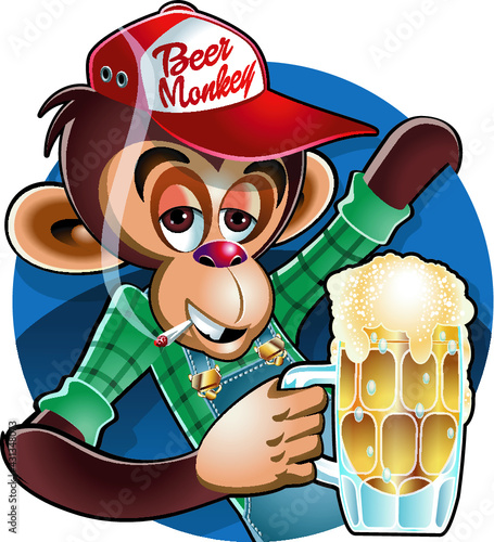 drunken monkey with baseball cap holding beer mug