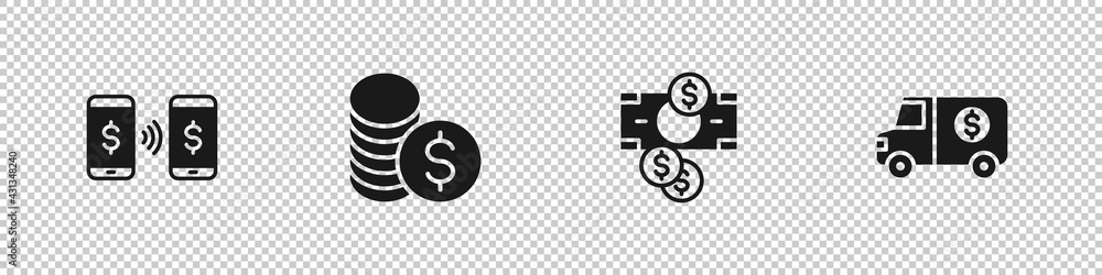 Set Money payment transfer, Coin money with dollar, Stacks paper cash and Armored truck icon. Vector Set Money payment transfer, Coin money with dollar, Stacks paper cash and Armored truck icon. Vector