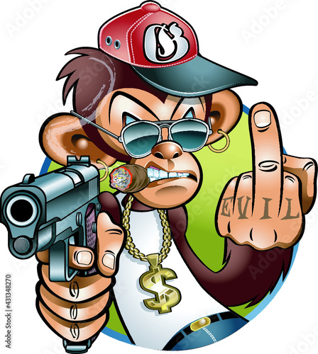 cartoon gangster monkey pointing a pistol