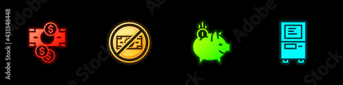 Set Stacks paper money cash, No, Piggy bank with coin and ATM icon. Vector