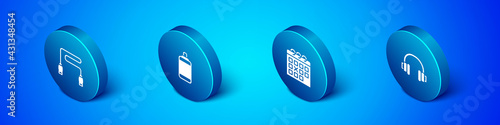 Set Isometric Jump rope, Calendar fitness, Headphones and Punching bag icon. Vector