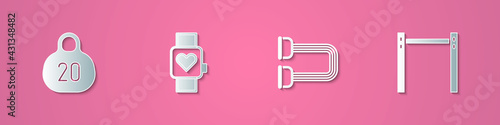 Set paper cut Kettlebell, Smart watch, Chest expander and Horizontal bar icon. Paper art style. Vector