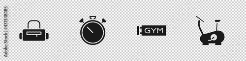 Set Sport bag, Stopwatch, Location gym and Stationary bicycle icon. Vector