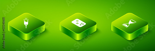 Set Isometric Fitness club, gym card, Old hourglass and Doping syringe icon. Vector