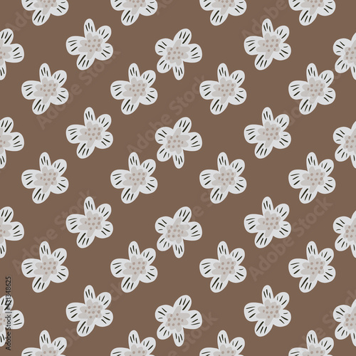 Seamless pattern in hand drawn style with little flowers buds ornament. Brown background. Floral backdrop.