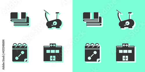 Set Gym building, Towel stack, Calendar fitness and Stationary bicycle icon. Vector