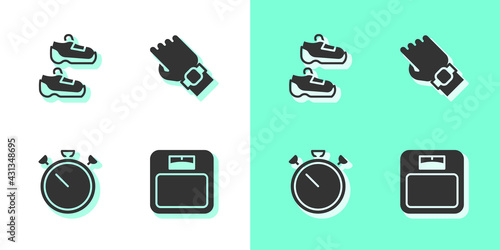 Set Bathroom scales, Sport sneakers, Stopwatch and Smart on hand icon. Vector