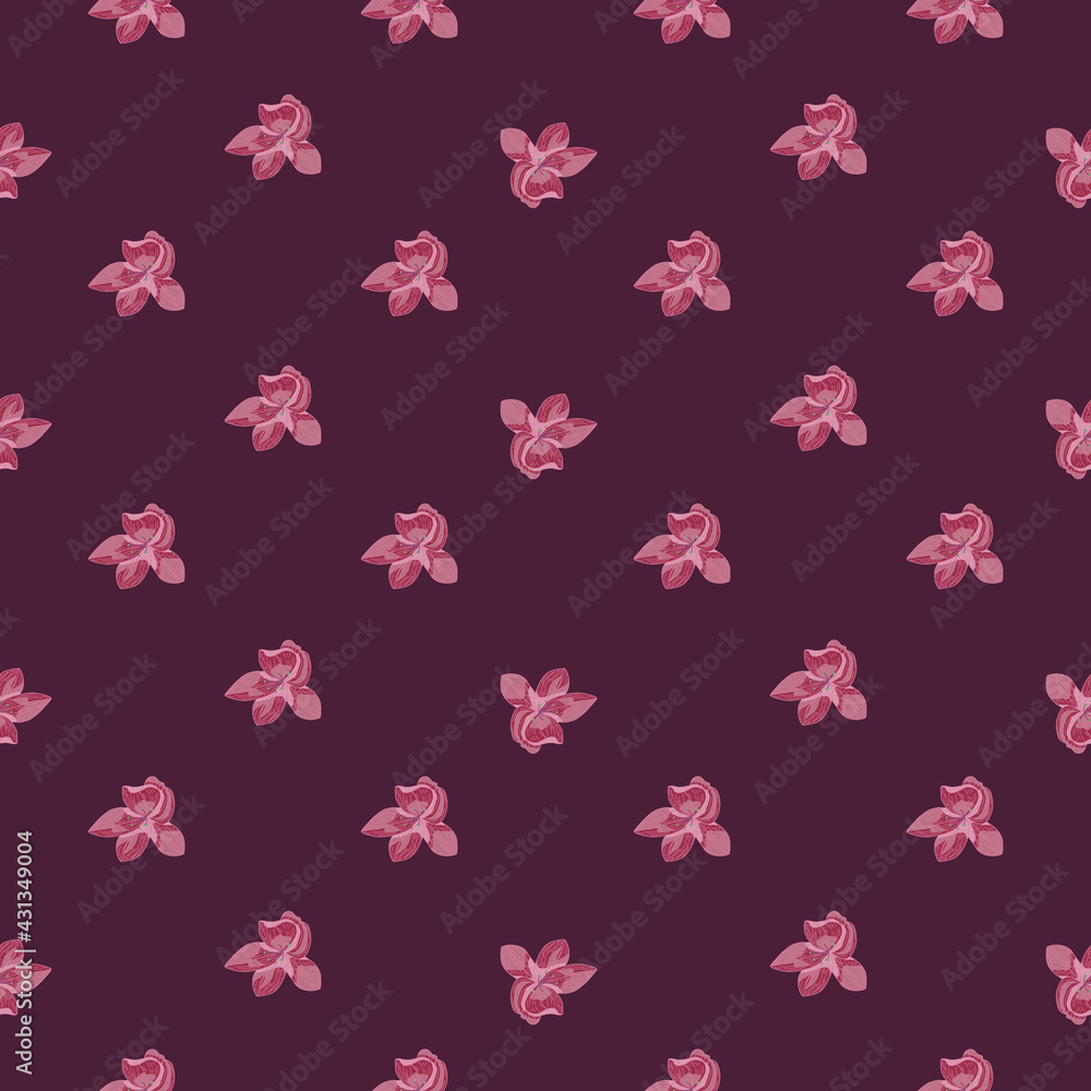 Scrapbook seamless pattern with outline orchid elements print. Maroon and pink palette.