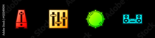 Set Metronome with pendulum, Sound mixer controller, Dial knob level and Home stereo icon. Vector