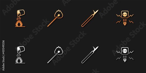Set Bucket extinguishing fire, Burning match with, Metal pike pole and Electricity spark icon. Vector