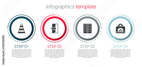 Set Traffic cone, Fire exit, Evacuation plan and Interior fireplace. Business infographic template. Vector