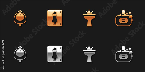 Set Toilet urinal or pissoir, Female toilet, Washbasin with water tap and Bar of soap icon. Vector