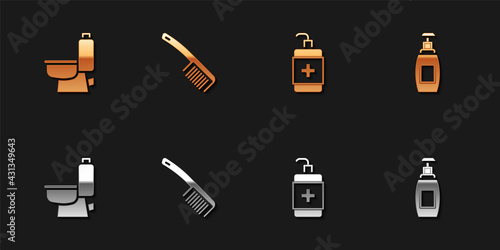 Set Toilet bowl, Hairbrush, Hand sanitizer bottle and Bottle of liquid soap icon. Vector