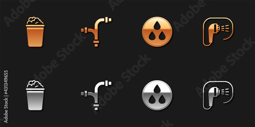 Set Bucket with soap suds, Industry metallic pipe, Water drop and Shower icon. Vector