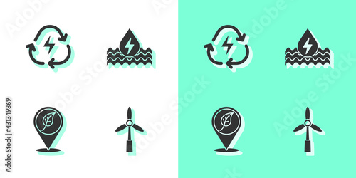 Set Wind turbine, Battery with recycle, Location leaf and Water energy icon. Vector