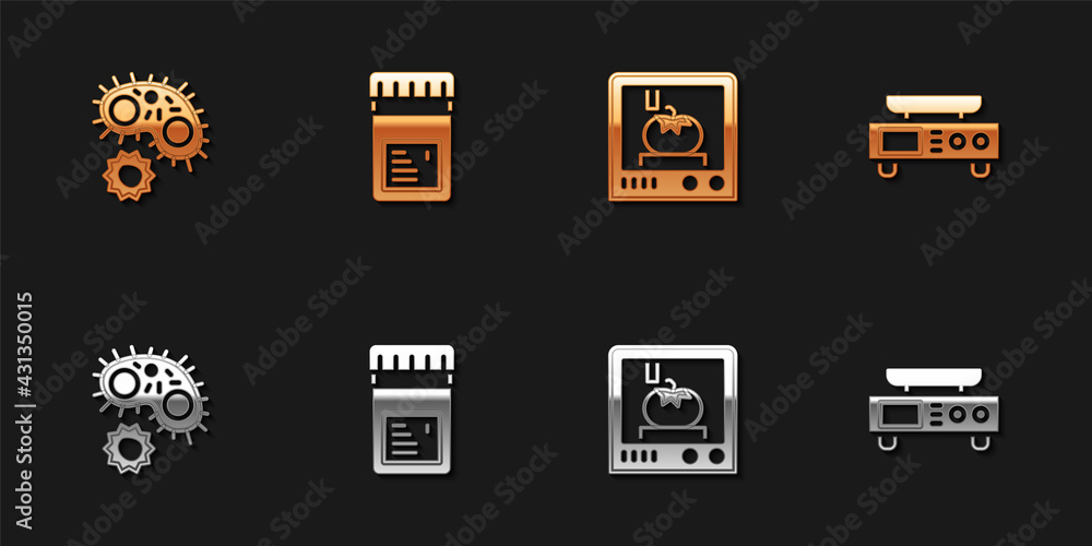 Set Virus, Jar with additives, 3D printing technology and Electronic scales icon. Vector