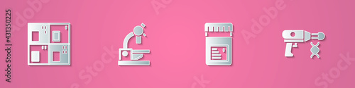 Set paper cut Periodic table, Microscope, Jar with additives and Transfer liquid gun icon. Paper art style. Vector